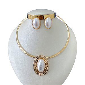 Conjunto Aro Bijuteria Dourado Oval pérola