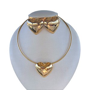 Conjunto Aro Bijuteria Dourado Coração