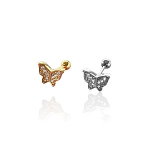 Piercing Aço Inoxidável Dourado e Prata Tragus Borboleta Cravejada