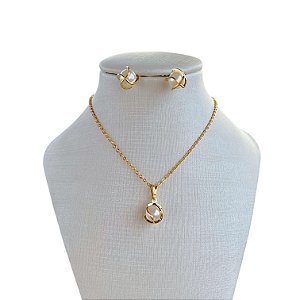 Conjunto Folheado Ouro 18k e Prata 925 Bolinha Pérola trançada