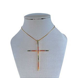 Colar Folheado Ouro 18k Cruz Cravejada Colors