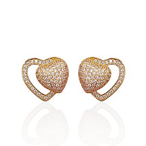 Brinco Folheado Ouro 18k e Prata 925 Dois Coração Cravejado
