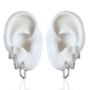Trio Brincos Folheado Prata 925 Argolas Quadrada Cravejada