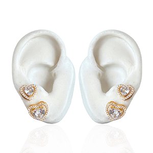 Dois Brincos Folheado Ouro 18k Coração Cravejado