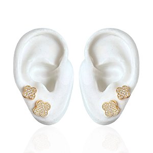 Dois Brincos Folheado Ouro 18k Trevo Cravejado