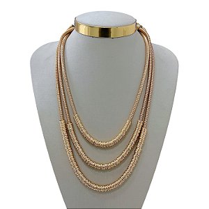 Colar Triplo Bijuteria Dourado Malha Argolinhas