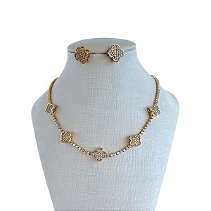 Conjunto Folheado Ouro 18k e Prata 925 Riviera Trevos Inspired Cravejado