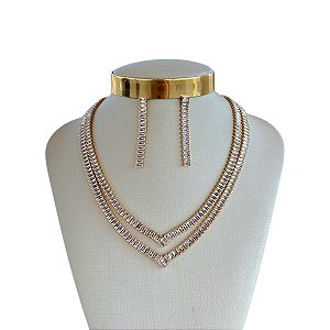 Conjunto Folheado Ouro 18k e Prata 925 Riviera Dupla Cravejada