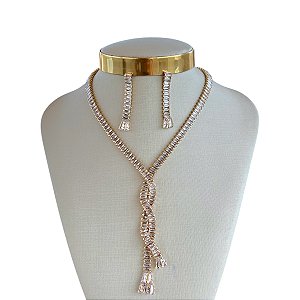 Conjunto Folheado Ouro 18k e Prata 925 Riviera Trançada Cravejada
