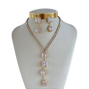 Conjunto Folheado Ouro 18k e Prata 925 Riviera Quadrados Gota Cravejada
