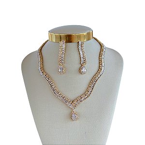 Conjunto Folheado Ouro 18k e Prata 925 Riviera Ondulada Gota Cravejada