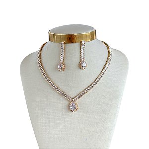 Conjunto Folheado Ouro 18k e Prata 925 Riviera Gota Cravejada