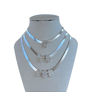 Choker Folheada Prata 925 Fita Laminada Filhos Cravejados