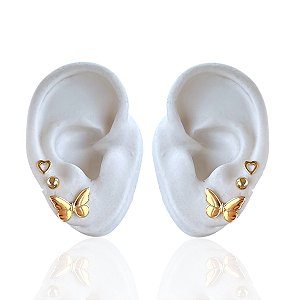 Trio Brincos Folheado Ouro 18k e Prata 925 Borboleta