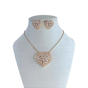 Conjunto Folheado Ouro 18k e Prata 925 Coração Cravejado