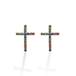 Brinco Folheado Ouro 18k Cruz Strass