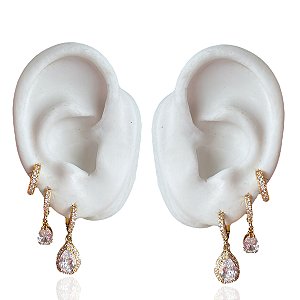Trio Brincos Folheado Ouro 18k e Prata 925 Argola Gota Cravejada