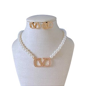 Conjunto Folheado Ouro 18K e Prata 925 Inspired Cravejado Pérolas