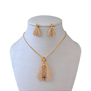 Conjunto Folheado Ouro 18k e Prata 925 Nossa Senhora Cravejada
