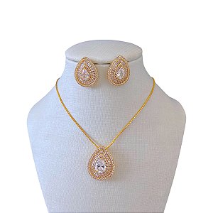 Conjunto Folheado Ouro 18k e Prata 925 Gota Cravejada