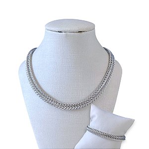 Conjunto Folheado Ouro 18k e Prata 925 Colar e Pulseira Malha Trançada
