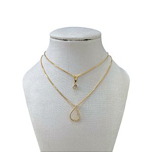 Colar Duplo Folheado Ouro 18k Gota Cravejada