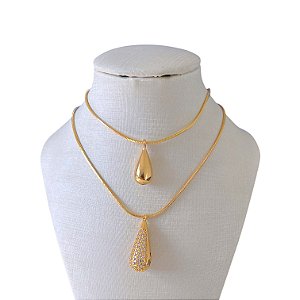 Colar Duplo Folheado Ouro 18k e Prata 925 Gota Cravejada