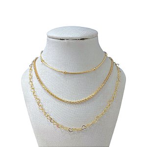 Colar Triplo Folheado Ouro 18k Riviera Corações
