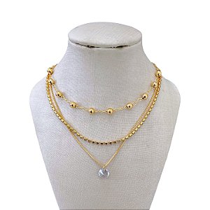 Colar Triplo Folheado Ouro 18k Bolinhas Ponto de Luz
