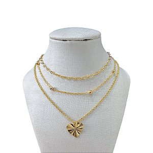 Colar Triplo Folheado Ouro 18k Bolinhas Coração