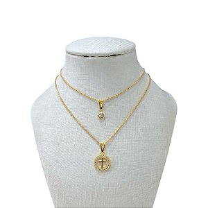 Colar Duplo Folheado Ouro 18k Cruz Cravejada Redonda