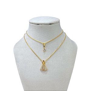 Colar Duplo Folheado Ouro 18k Nossa Senhora Cravejada