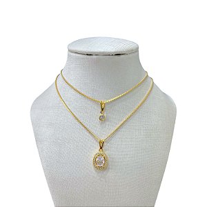 Colar Duplo Folheado Ouro 18k Ponto de Luz Cravejado Redondo