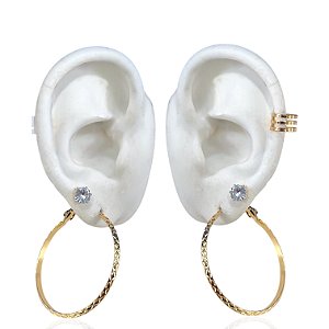 Trio Brincos e Piercing Fake Bijuteria Prata e Dourado Ponto de Luz