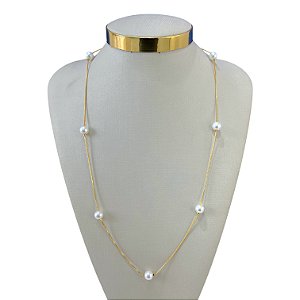 Colar Longo Folheado Ouro 18k Bolinhas Pérolas