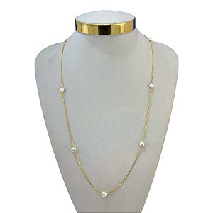 Colar Longo Folheado Ouro 18k Corações Pérolas