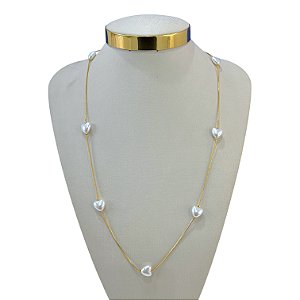 Colar Longo Folheado Ouro 18k Corações Pérolas