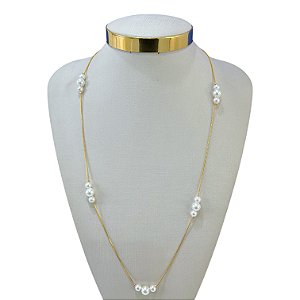 Colar Longo Folheado Ouro 18k Bolinhas Pérolas
