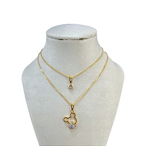 Colar Duplo Folheado Ouro 18k e Prata 925 Mickey Cravejado