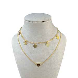 Colar Duplo Folheado Ouro 18k e Prata 925 Corações Bolinhas