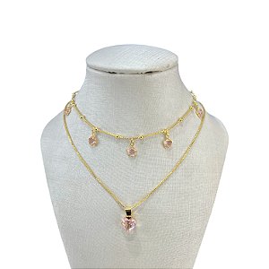 Colar Duplo Folheado Ouro 18k e Prata 925 Trevos Coração Cristal