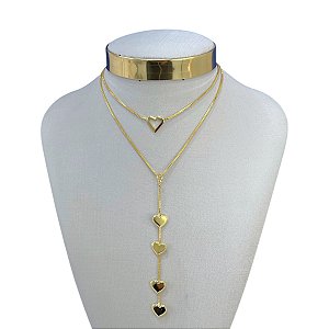 Colar Duplo Folheado Ouro 18k e Prata 925 Corações Gravatinha