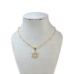 Choker Folheada Ouro 18k Bolinhas Estrela de Davi Cravejada