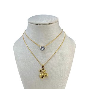 Colar Duplo Folheado Ouro 18k Ponto de Luz Cereja