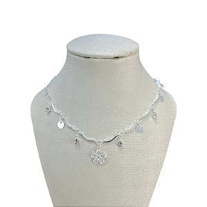 Choker Folheada Prata 925 Ponto de Luz Flor Cravejada