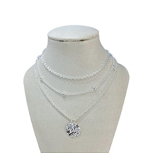 Colar Triplo Folheado Prata 925 Bolinhas Disco