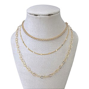 Colar Triplo Folheado Ouro 18k e Prata 925 Bolinhas Riviera Elos Corações