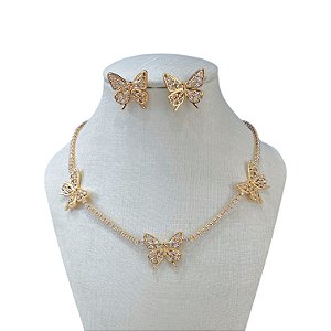 Conjunto Folheado Ouro 18k e Prata 925 Riviera Borboleta Cravejada