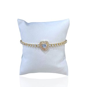 Pulseira Folheada Ouro 18k e Prata 925 Corações Cravejado