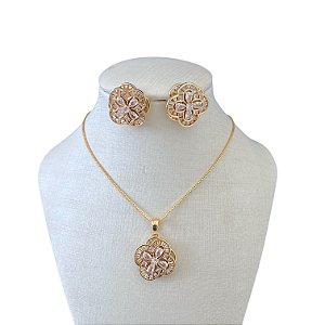 Conjunto Folheado Ouro 18k e Prata 925 Flor Cravejada